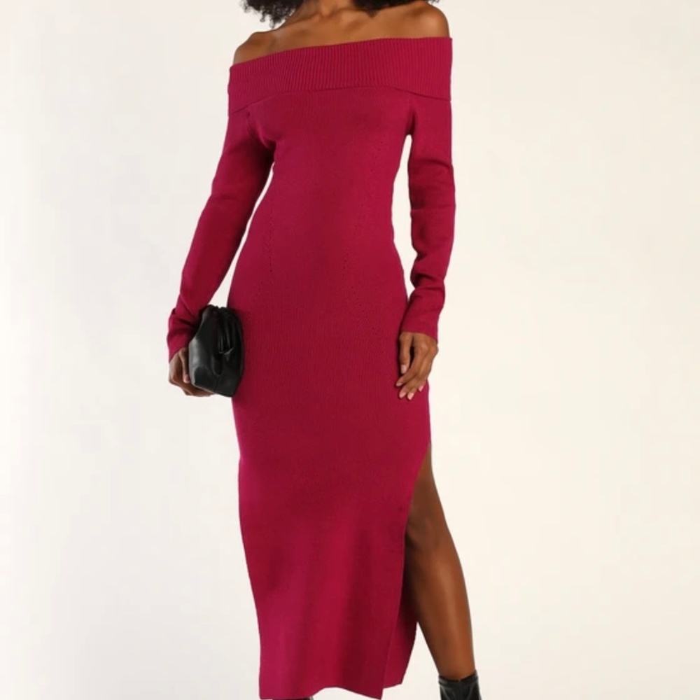 NWT Lulus Good for me off the shoulder ribbed magenta sweater dress